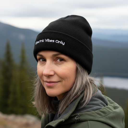 Black Cuffed Beanie Middle-Aged Woman Three-Quarter View.