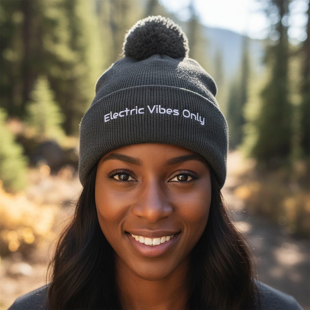 Dark Heather Grey Pom-Pom Beanie Dark-Skinned Woman Headshot