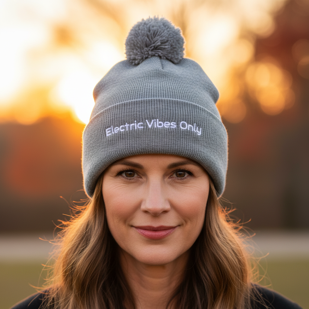Heather Grey Pom-Pom Beanie Middle-Aged Woman Warm Light