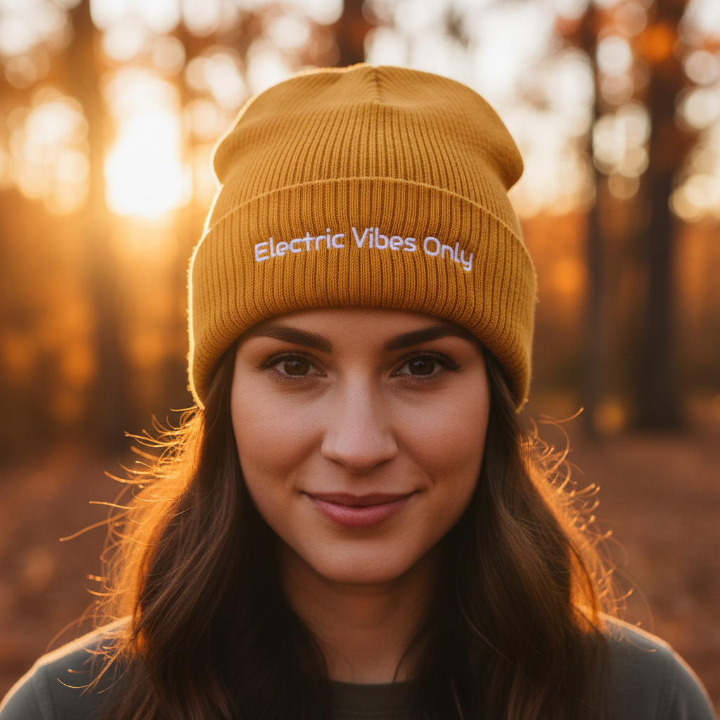 A woman wearing a Mustard Cuffed Electric Vibes Only Beanie walking with warm colors around her.