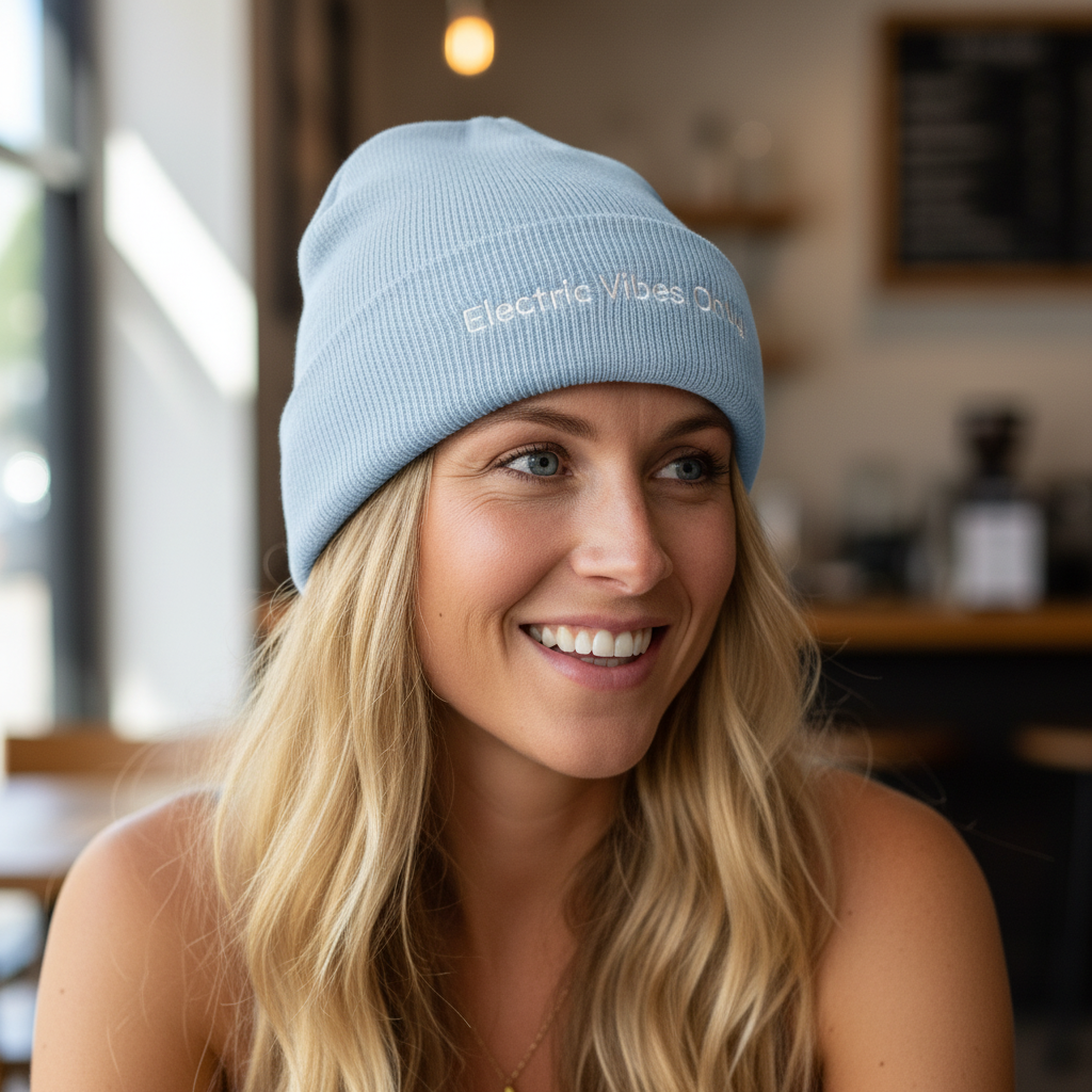 A woman wearing a Light Blue Cuffed Electric Vibes Only Beanie sitting in a café.  It is a headshot.  