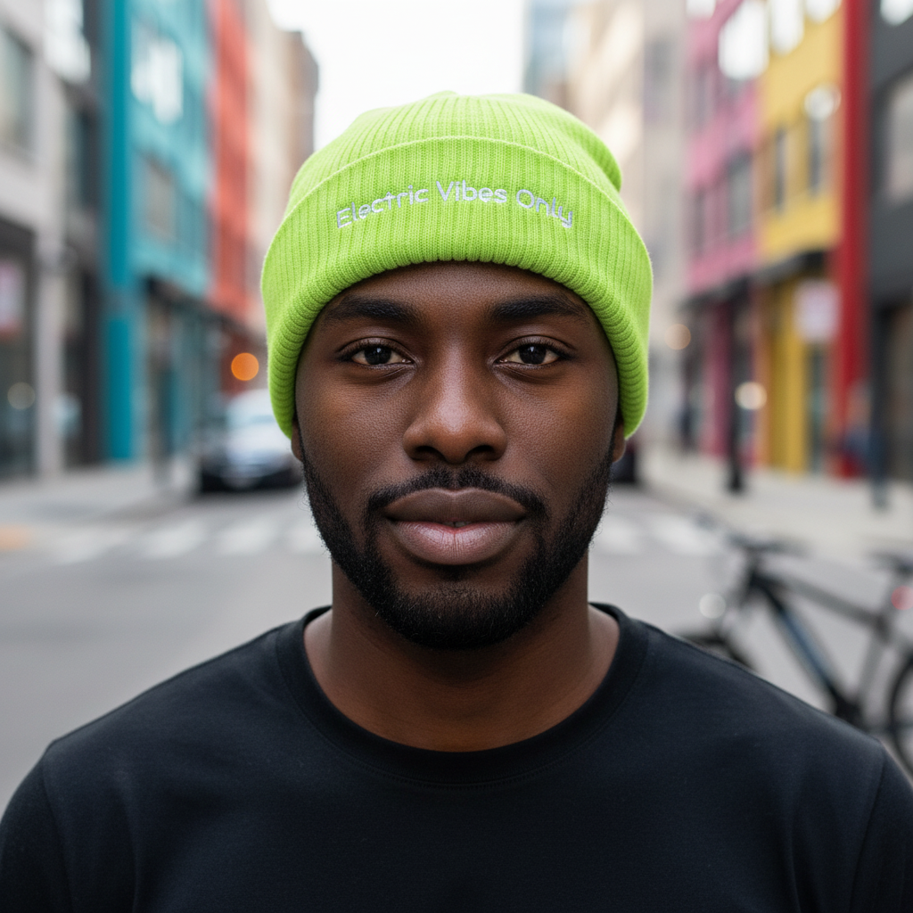 Acid green beanie - man with e-bike in urban street background