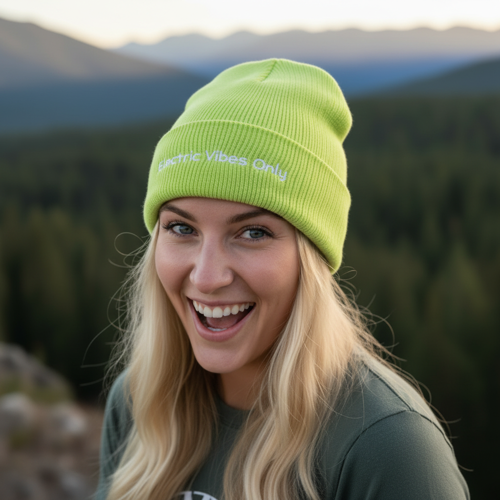 acid green beanie on woman on mountain