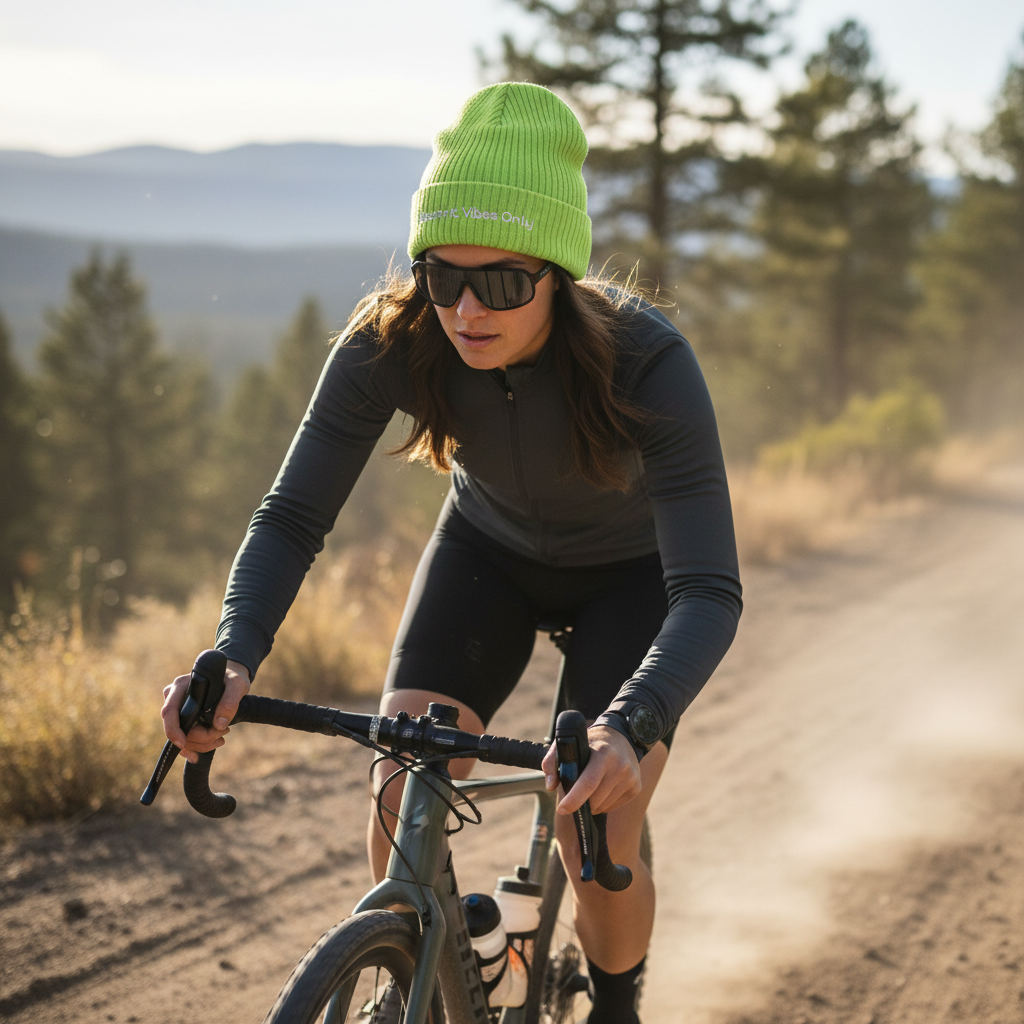 acid green beanie on woman riding a bike