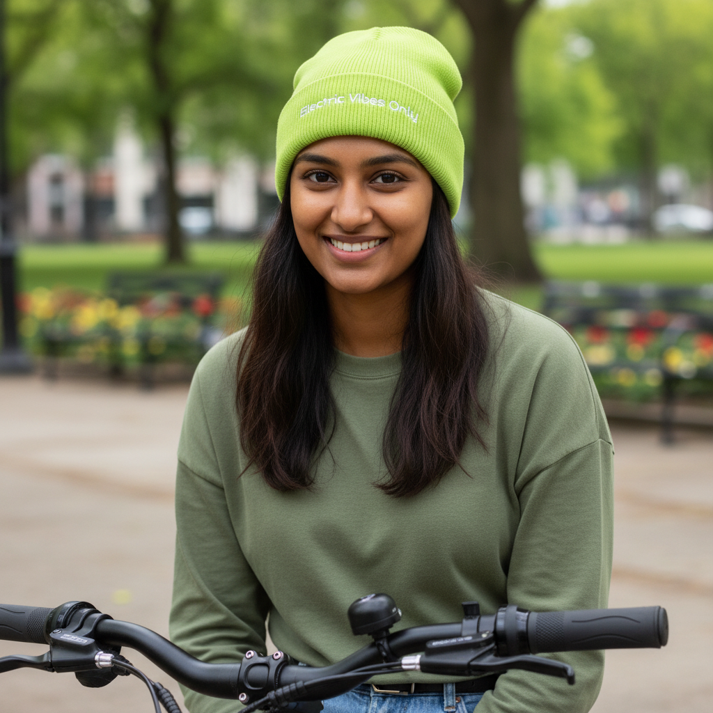 Acid green beanie -  woman sitting on her e-bike in urban park