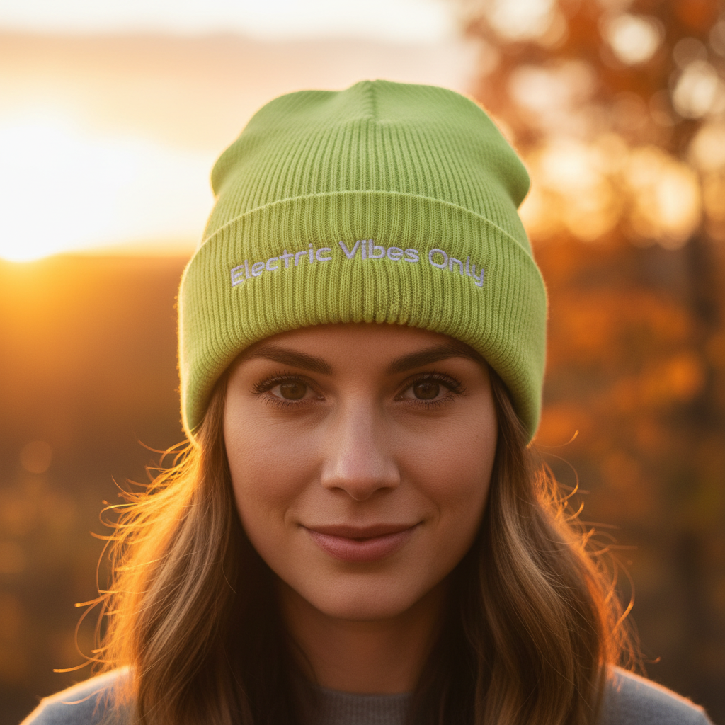  acid green beanie on woman in sunset