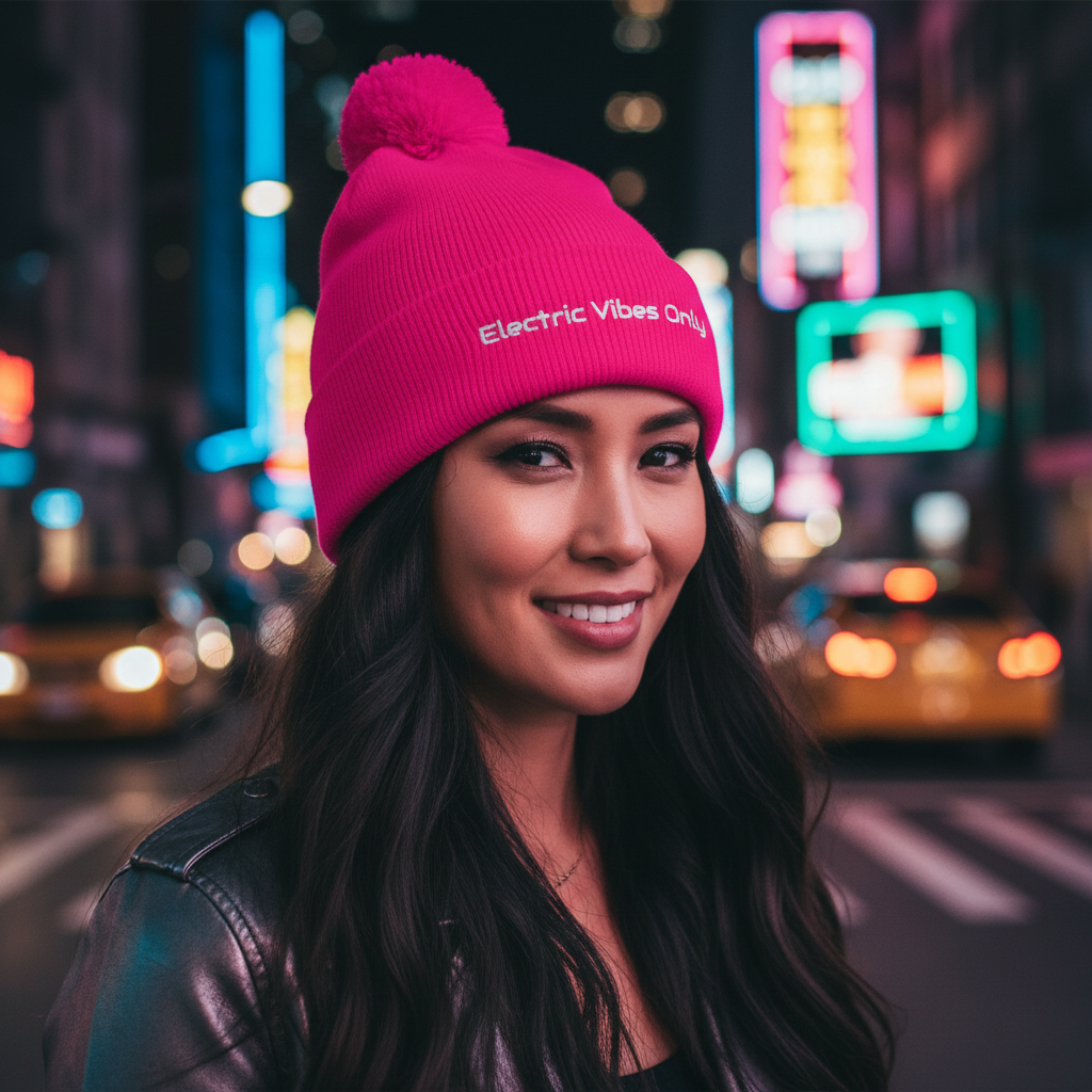 Action shot of Asian woman in urban nightlife wearing neon pink beanie