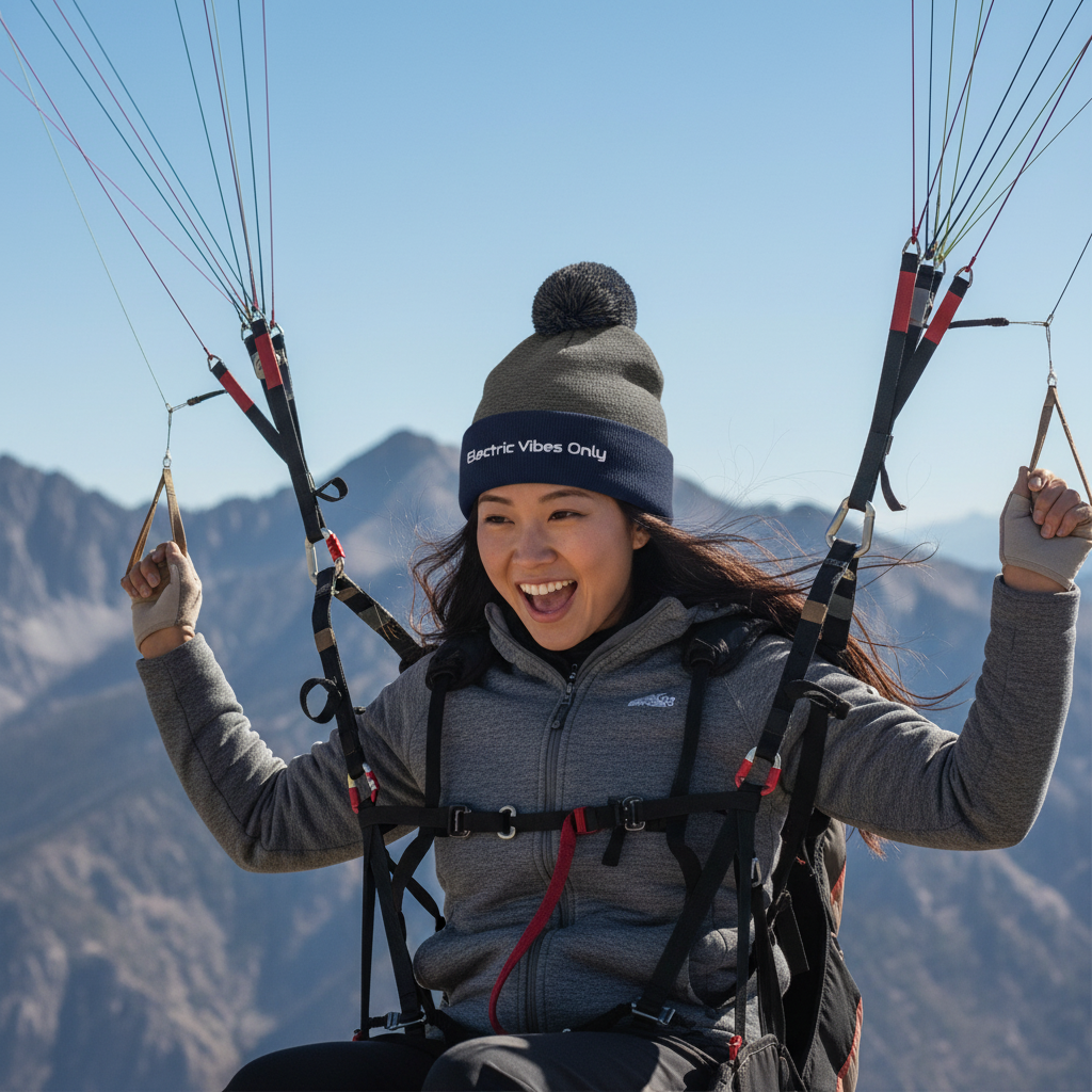 Action shot of Asian woman paragliding in dark heather grey / navy beanie
