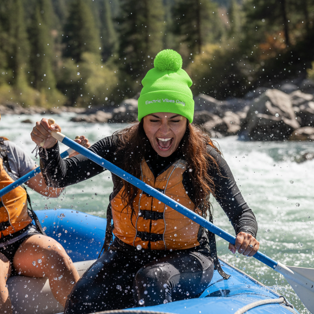 Action shot of Latina woman rafting in neon green beanie