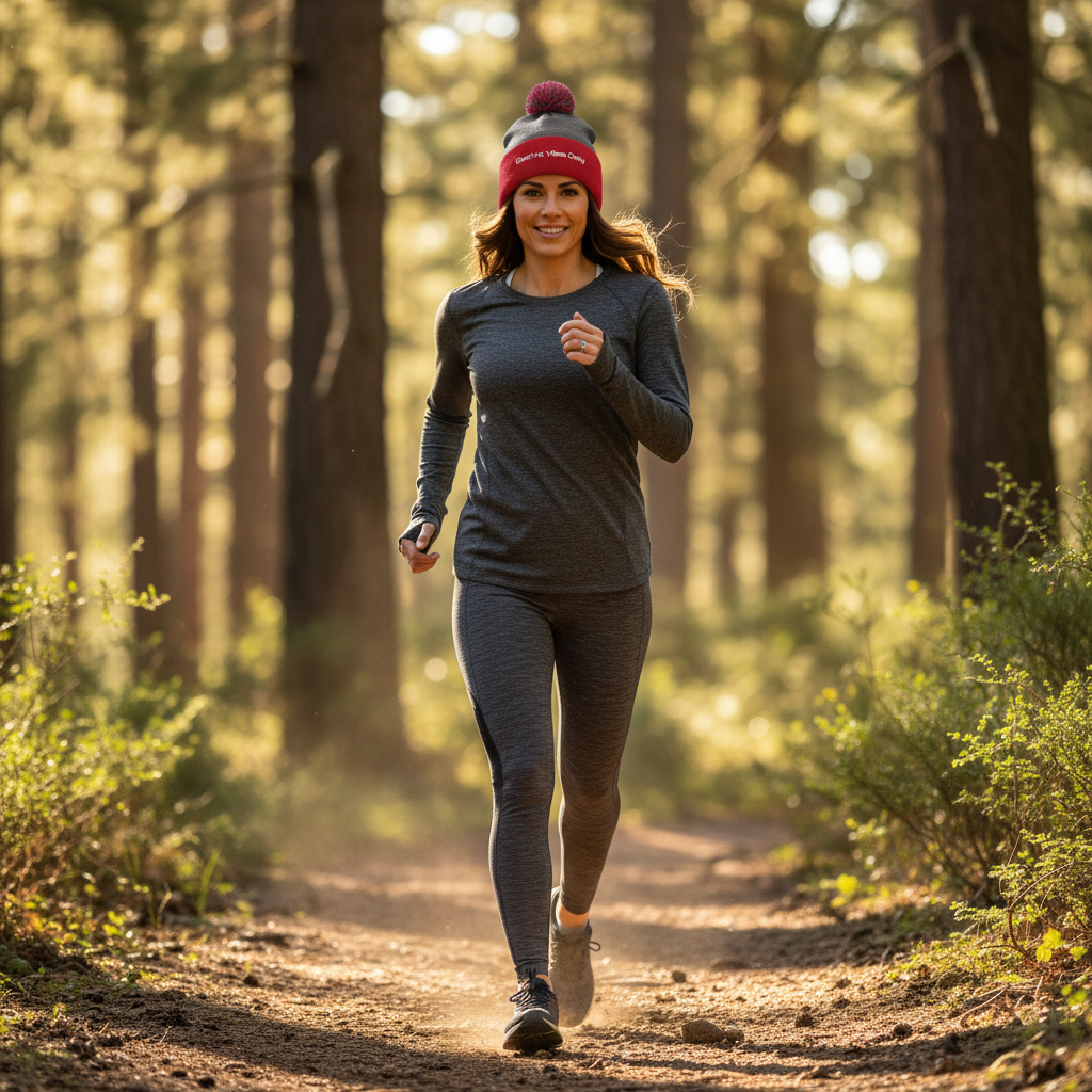 Action shot of olive-skinned woman jogging in dark heather grey / red beanie