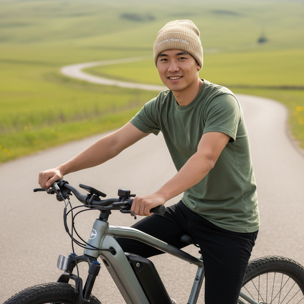 Beige beanie -  man on e-bike in countryside