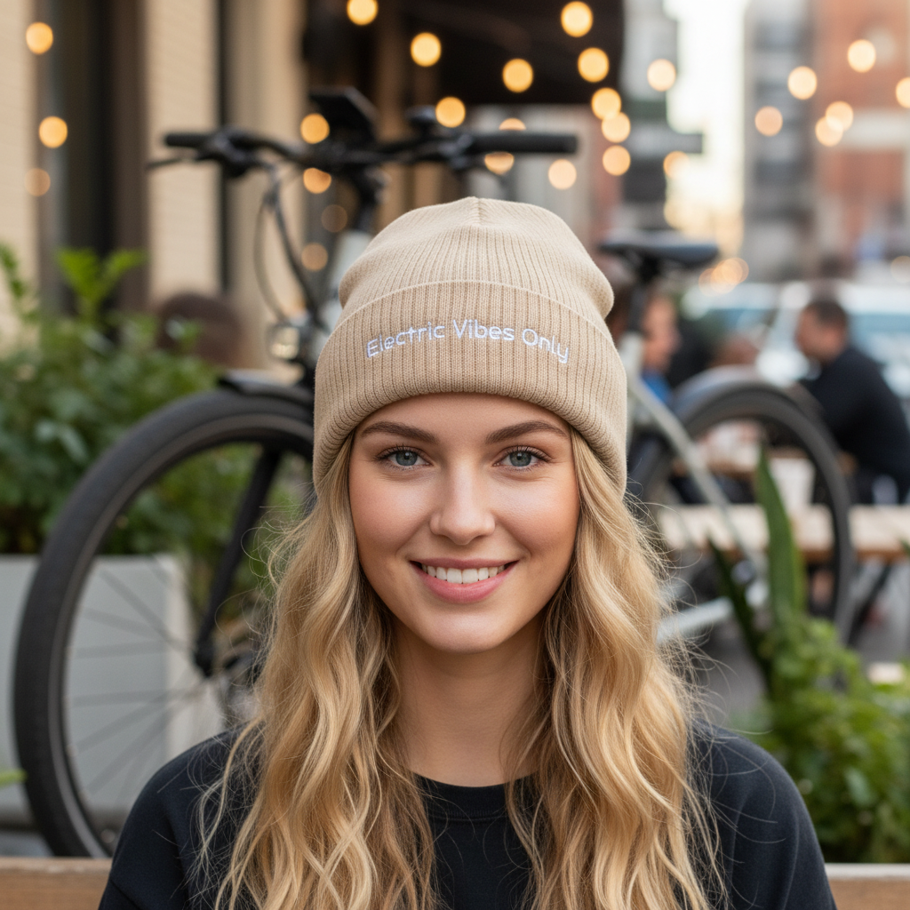 Beige beanie - Blonde woman with e-bike at coffee shop patio background