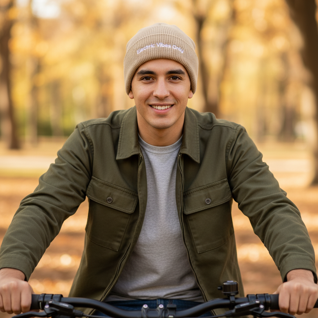 Beige beanie - man with handlebars in autumn park