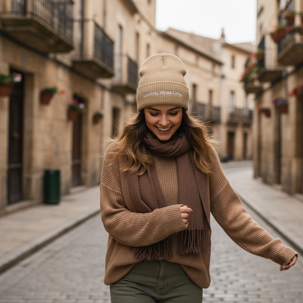 Beige Cuffed Beanie Historic Town Walking