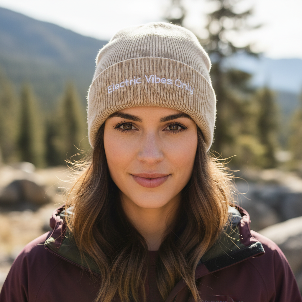 Woman wearing a beige knit beanie with 'Electric Vibes Only' text in a mountainous landscape