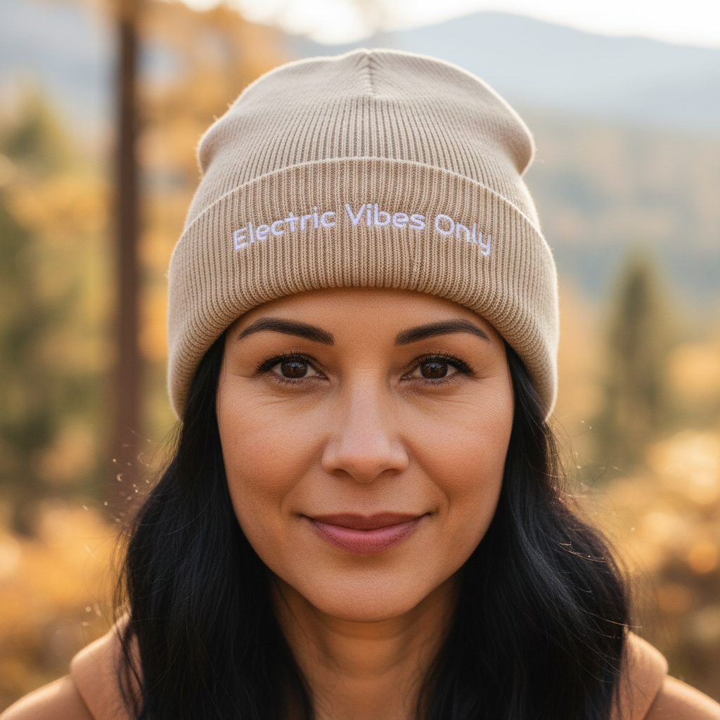 Beige Cuffed Beanie Middle-Aged Woman Black Hair