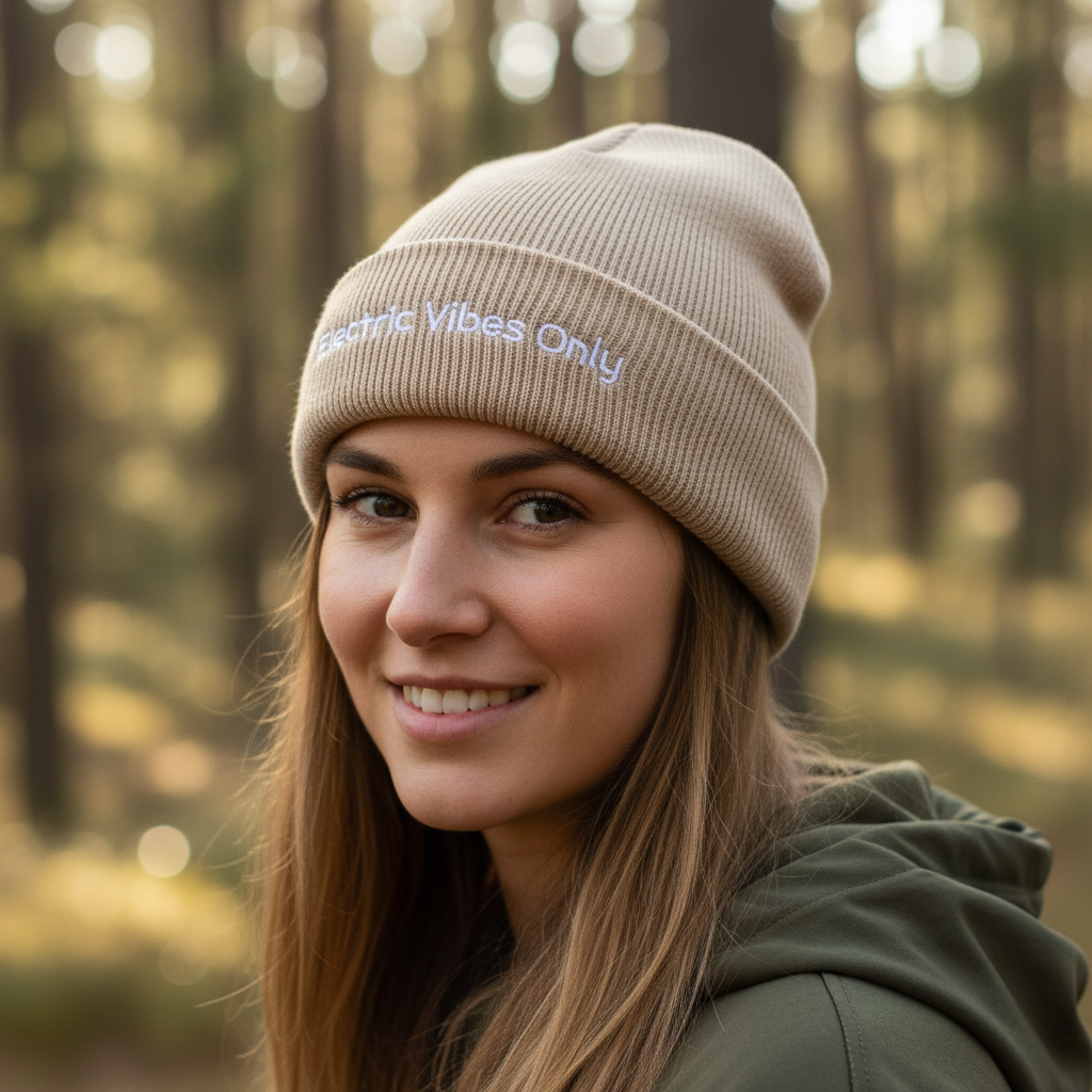 A woman wearing a Beige Cuffed  Electric Vibes Only Beanie outside. Three-Quarter View.