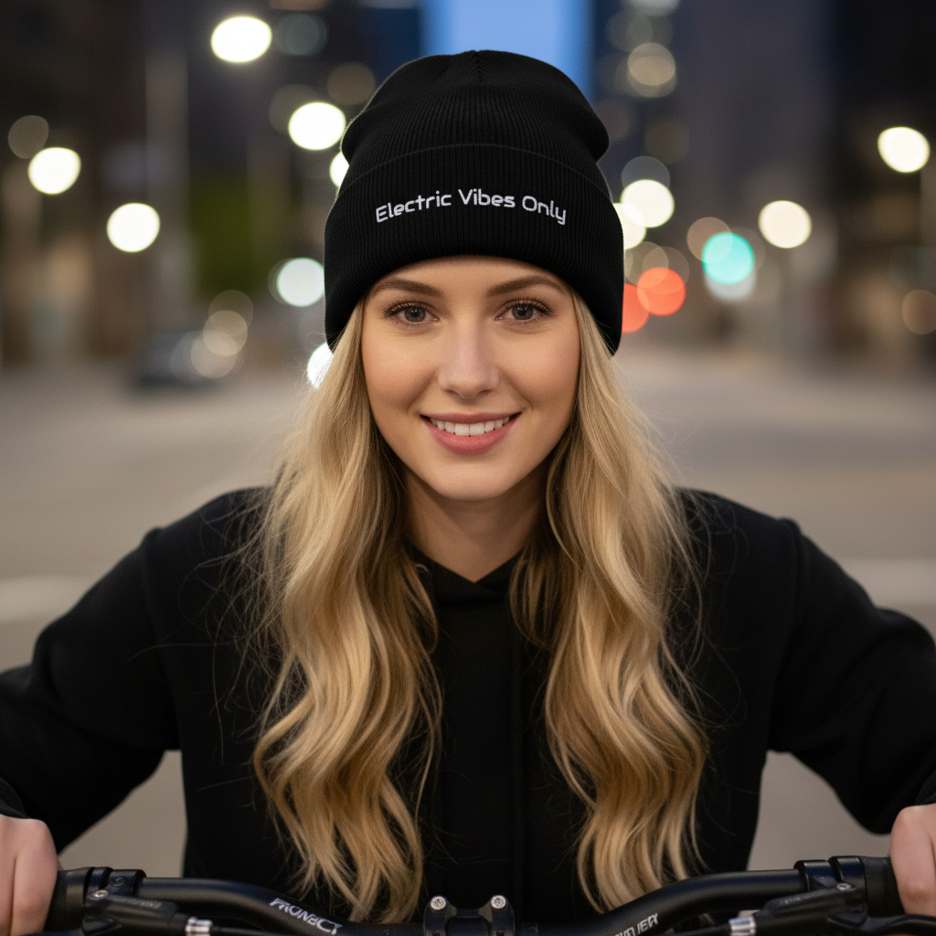 Black Cuffed - woman sitting on her e-bike.
