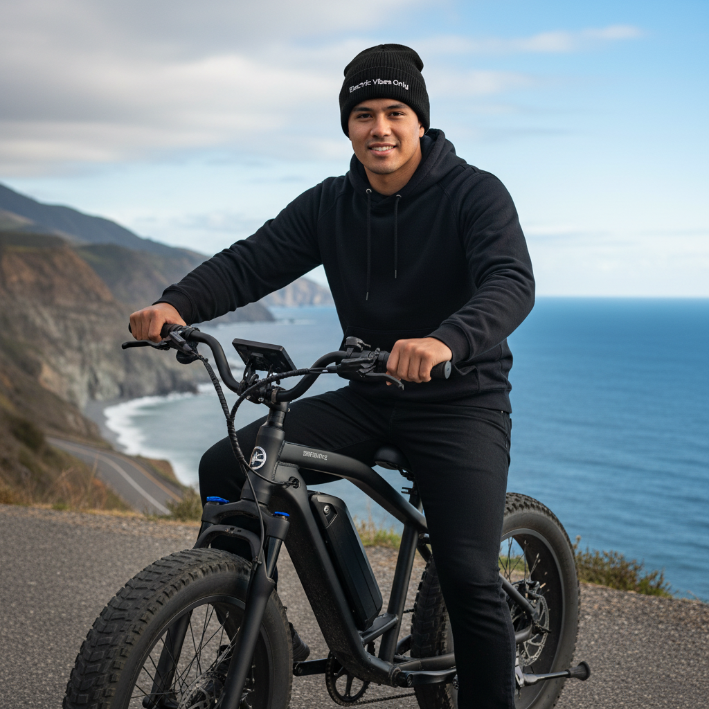 Black Cuffed- man on e-bike at coastal highway.