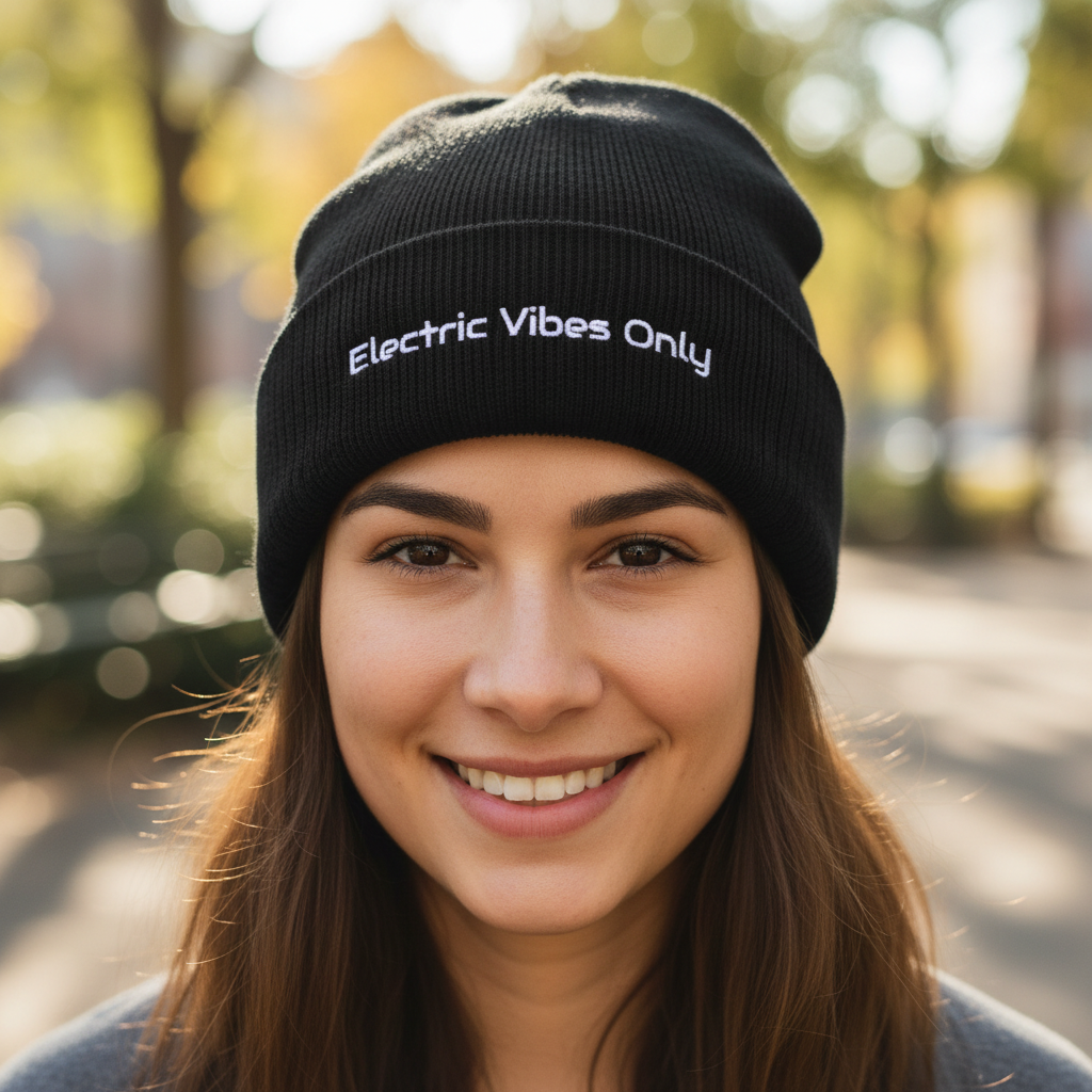 Woman smiling wearing black cuffed beanie with Electric Vibes Only embroidery outdoors.