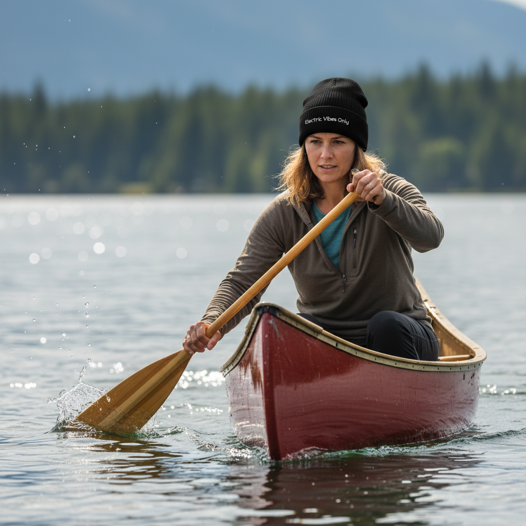 Black Cuffed Beanie Woman Canoeing Action