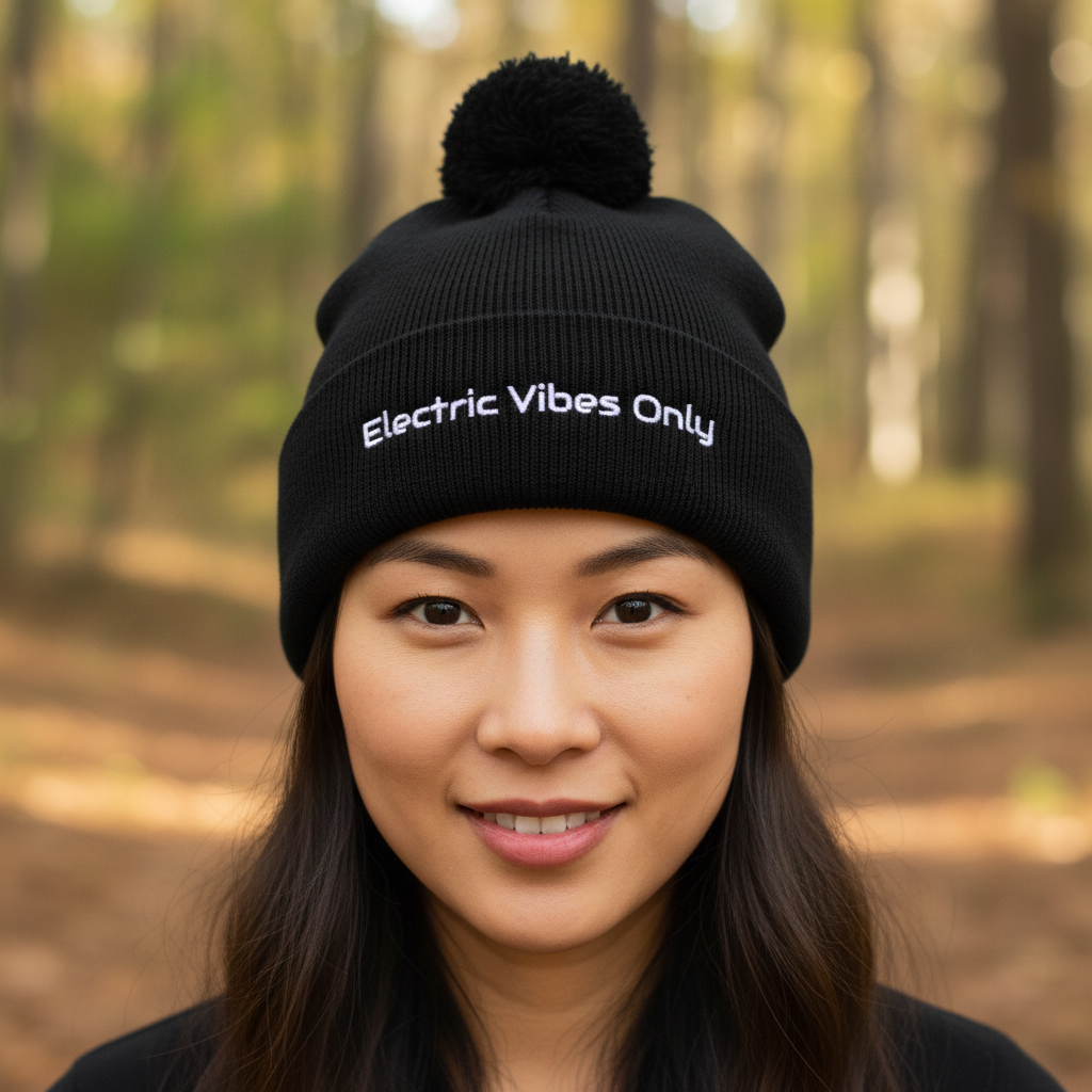 A woman wearing a Black Pom Pom Electric Vibes Only Beanie Headshot outside.
