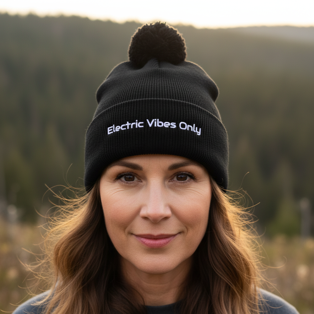 A woman wearing a Black Pom-Pom Electric Vibes Only Beanie in Nature -Headshot.