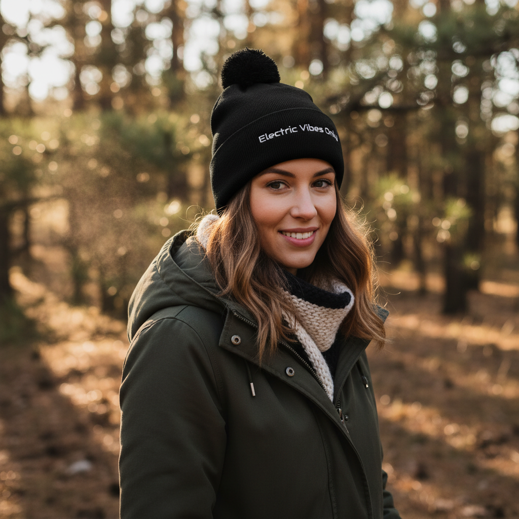 Woman wearing a All Black Pom-Pom  Beanie Three-Quarter View standing in the woods.