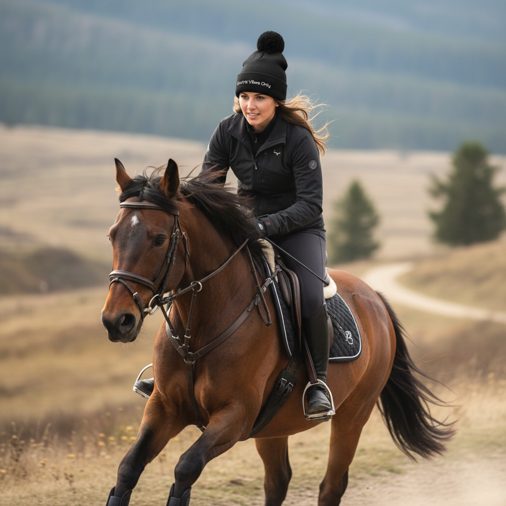 A woman wearing a Black Pom-Pom Electric Vibes Only Beanie Horseback Riding - Action.