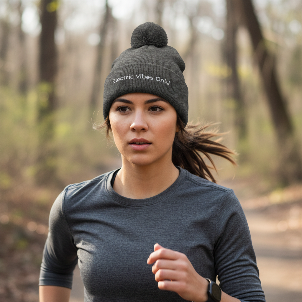 Close-up running action shot with  dark heather readable dark heather grey Electric Vibes Only beanie text