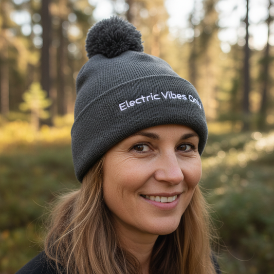 Dark Heather Grey Pom-Pom Beanie Middle-Aged Woman Three-Quarter Nature