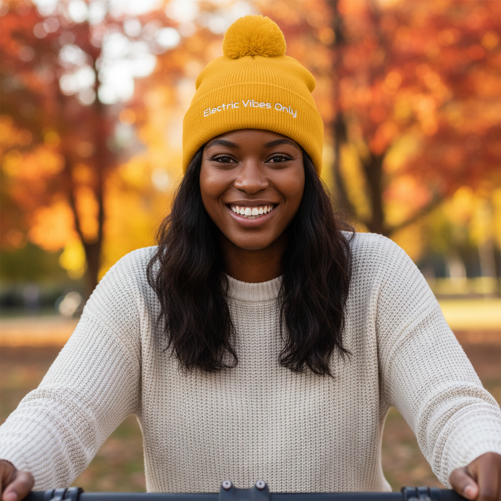 Gold pom pom- woman sitting on e-bike in autumn park