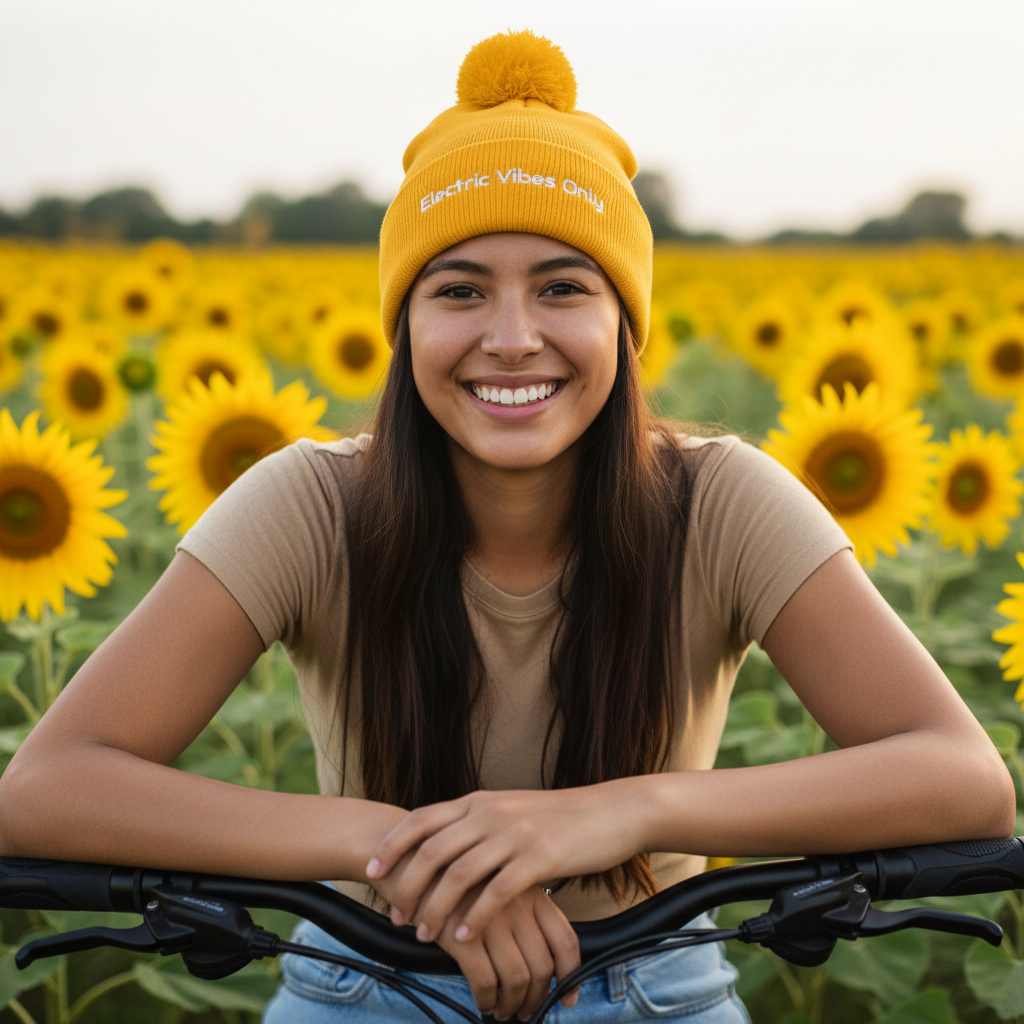 Gold pom pom - Indigenous woman sitting on e-bike in sunflower field
