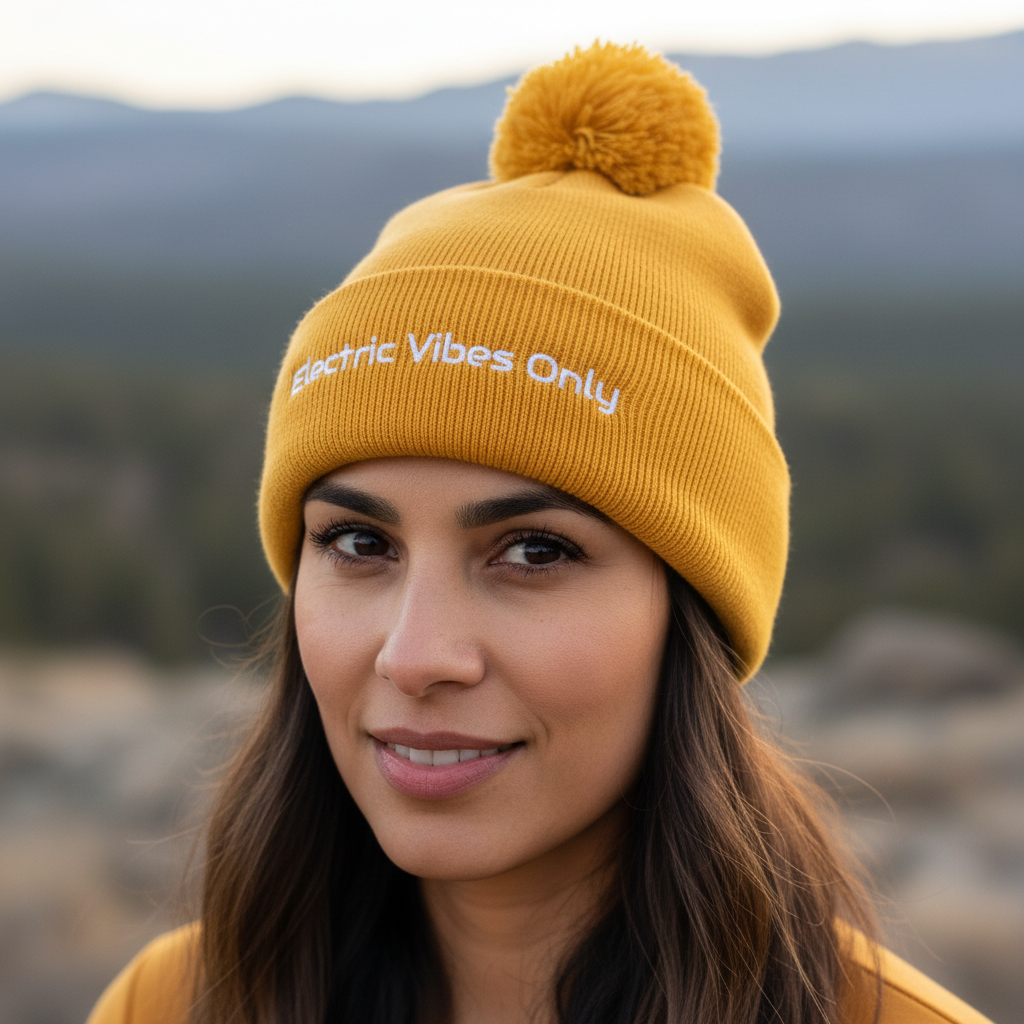 A woman wearing a Gold Pom-Pom Electric Vibes Only Beanie  - Headshot