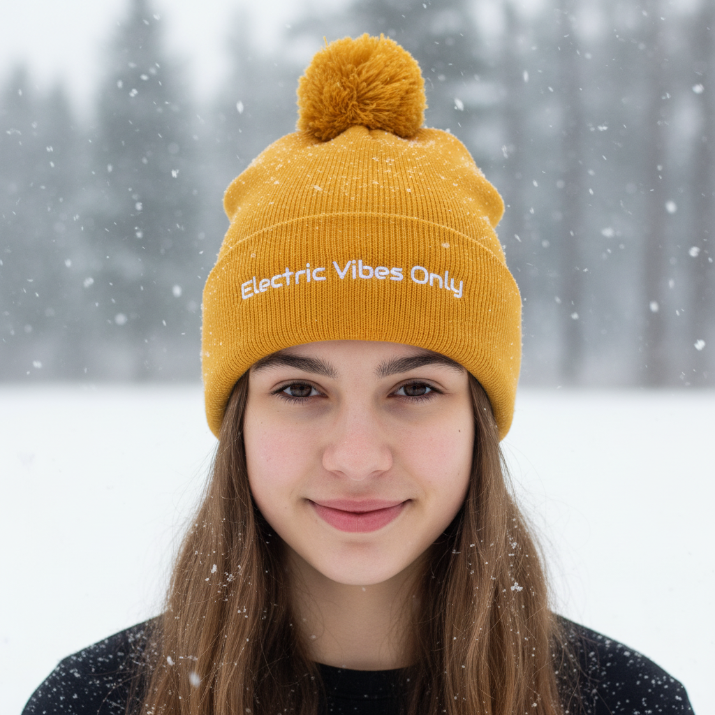 A teenaged girl wearing a Gold Pom-Pom Electric Vibes Only Beanie in the snow.
