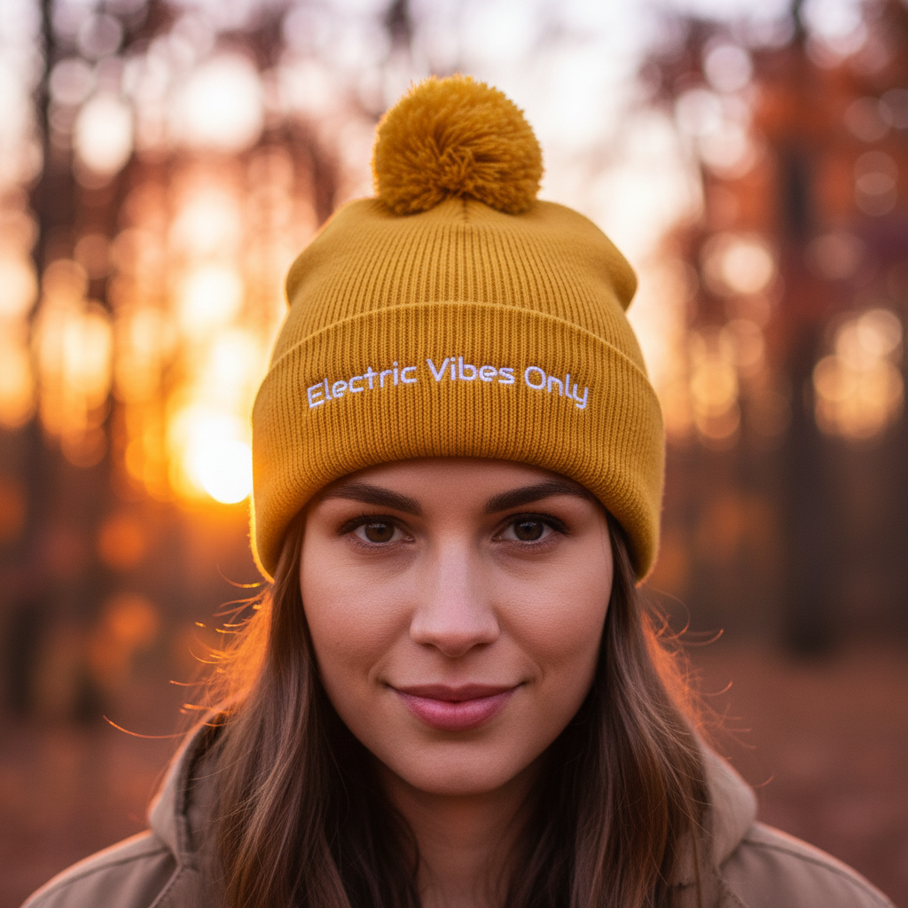 A woman wearing a Gold Pom-Pom Electric Vibes Only Beanie headshot -  Warm Background
