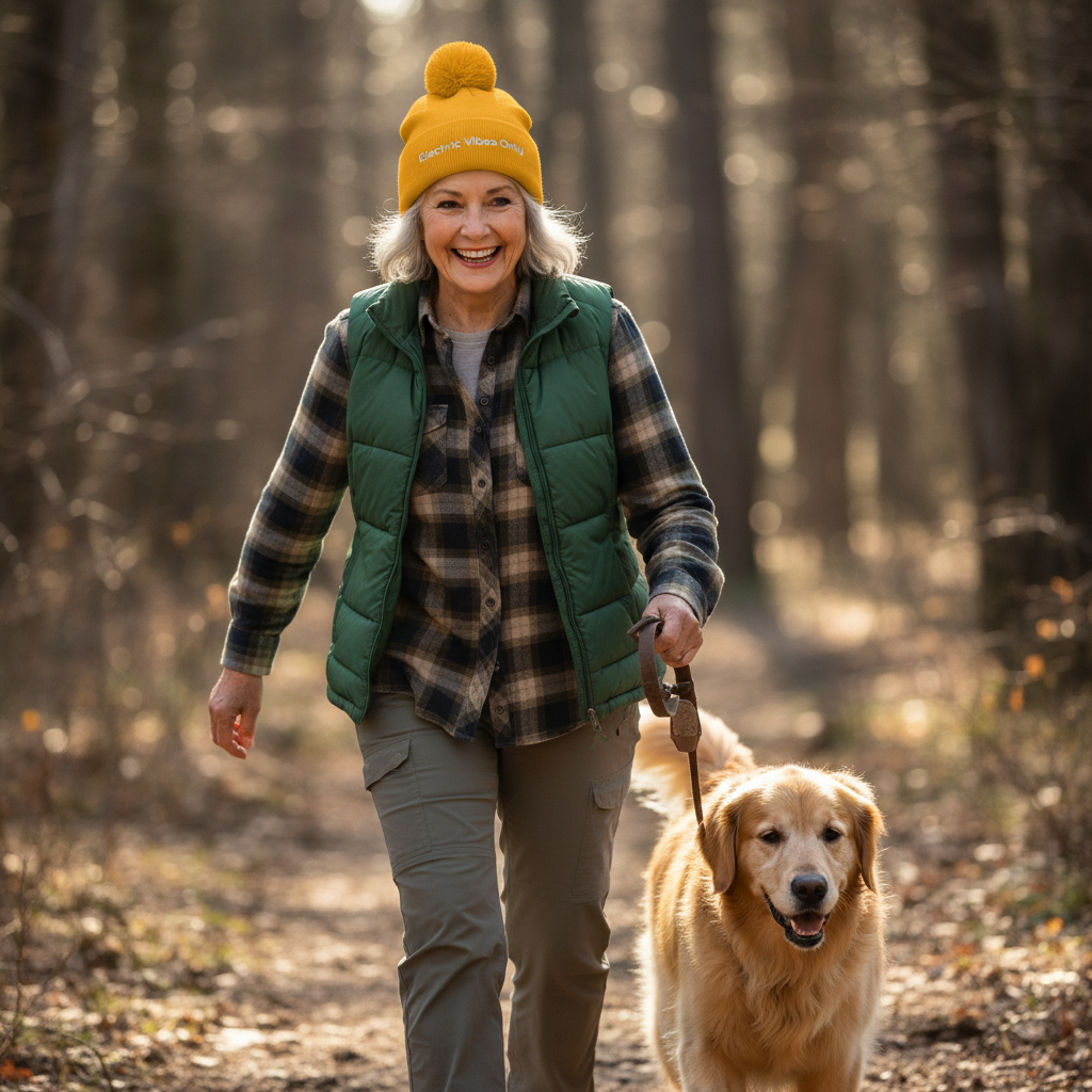 A woman wearing a Gold Pom-Pom Electric Vibes only Beanie Walking her dog in the woods -Action.