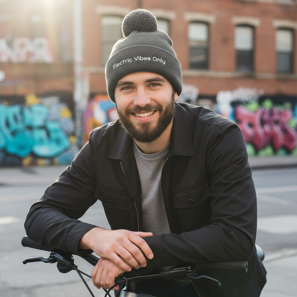 Dark heather grey pom pom beanie Bearded man in urban setting.