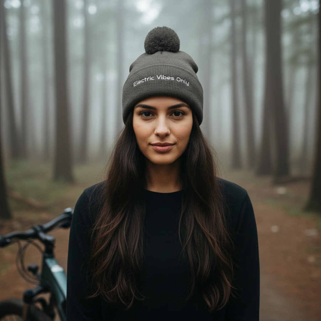 Dark heather grey pom pom beanie woman in misty forest.