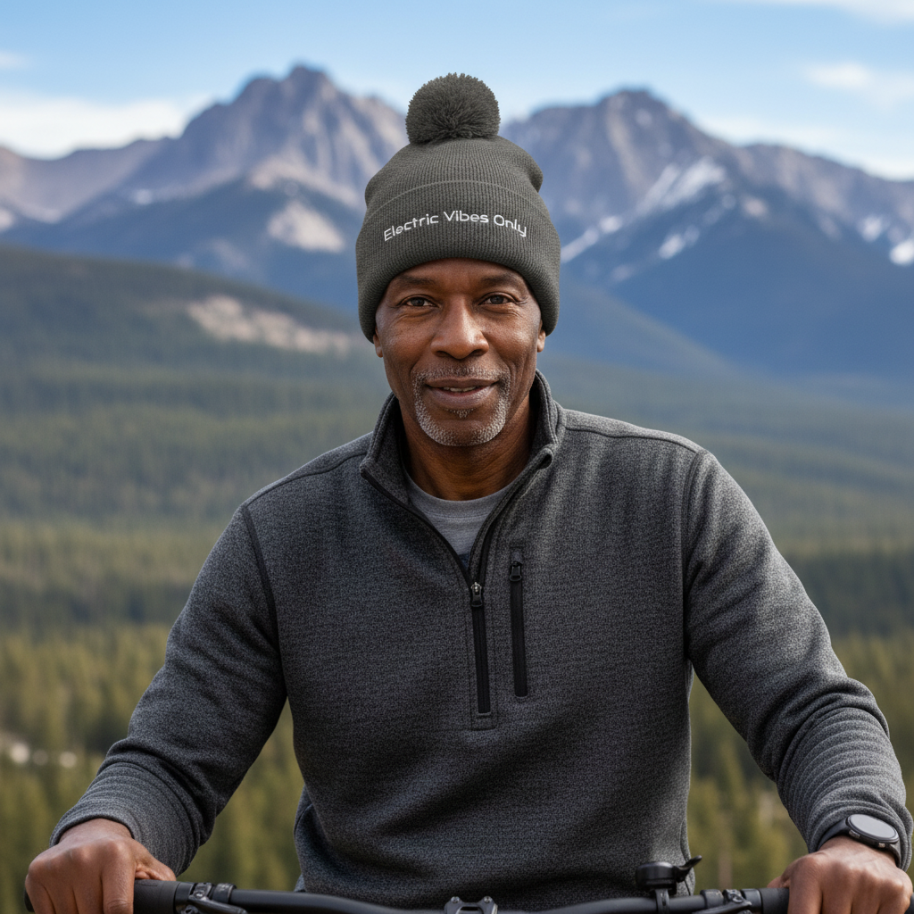 Dark heather grey pom pom beanie man at mountain overlook.