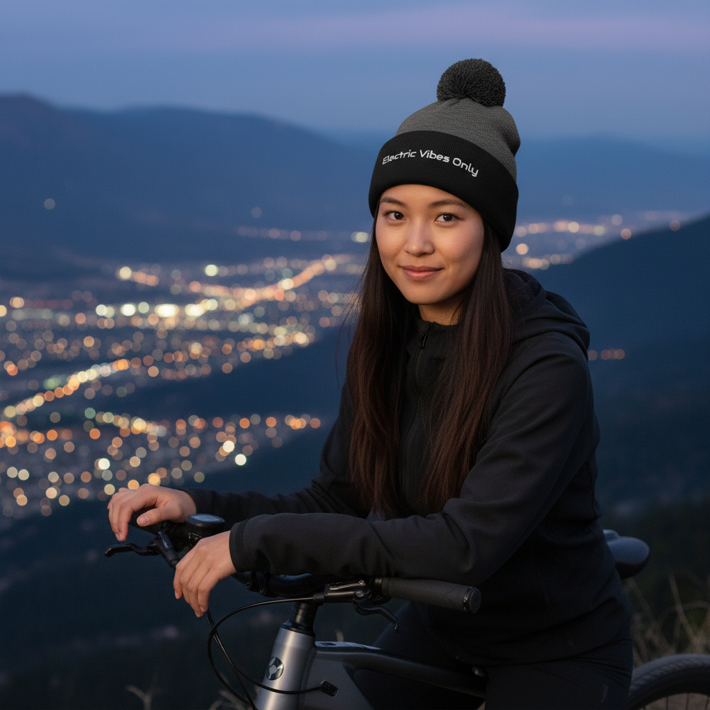 dark heather grey/ black pom pom beanie - woman on her e-bike at mountain overlook.