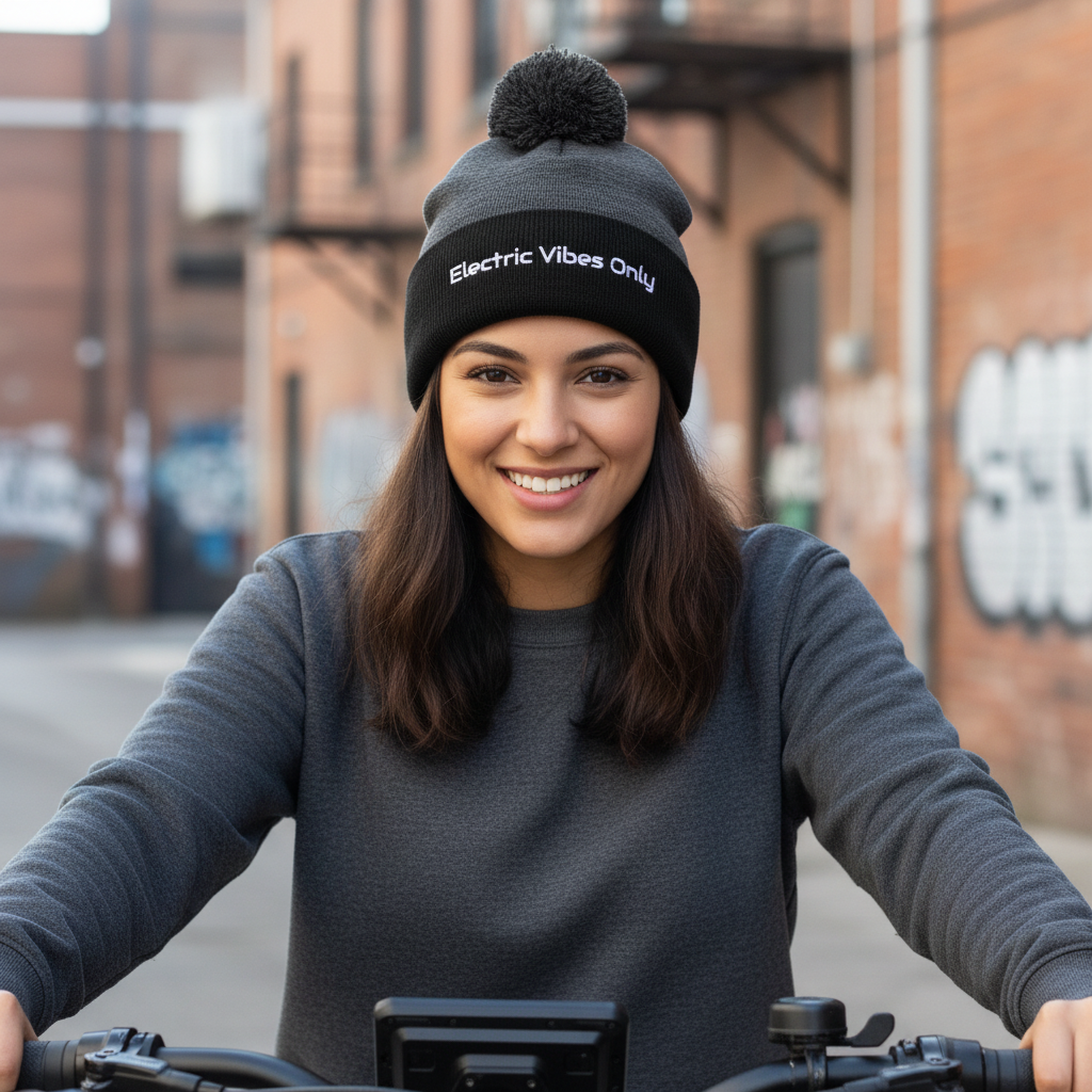 dark heather grey/ black pom pom beanie -  woman ridding her e-bike in industrial urban setting.