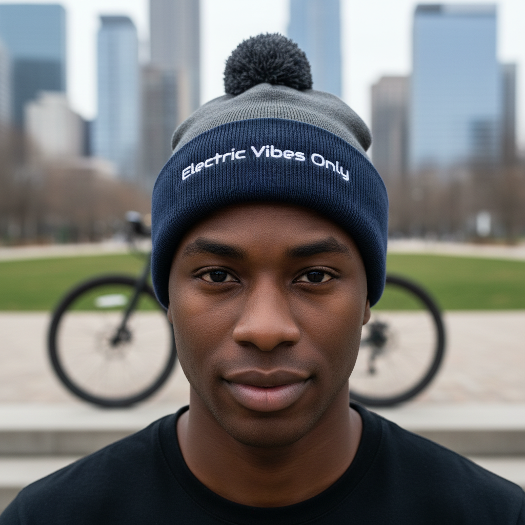 dark heather grey / navy pom pom beanie. -  man with his e-bike in urban park. background