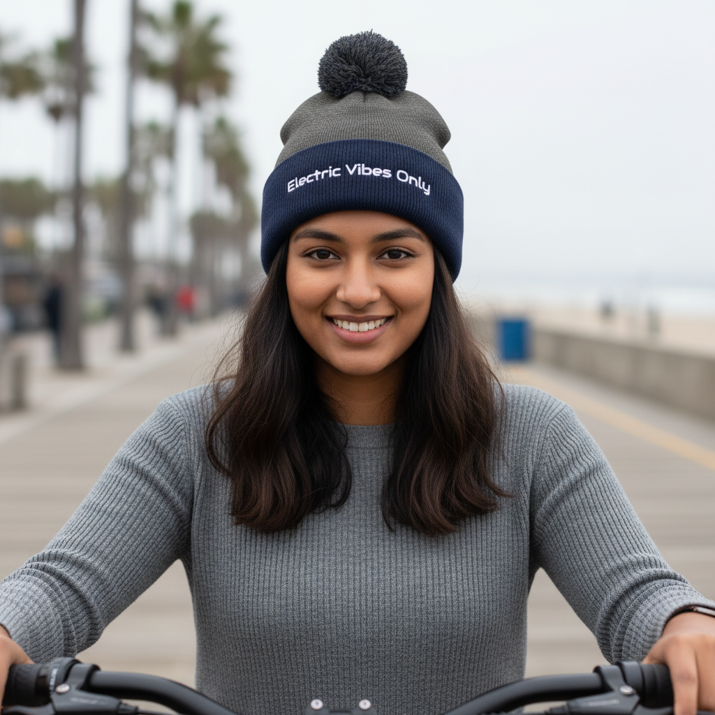 dark heather grey / navy pom pom beanie. - a woman sitting on her e-bike at coastal boardwalk.