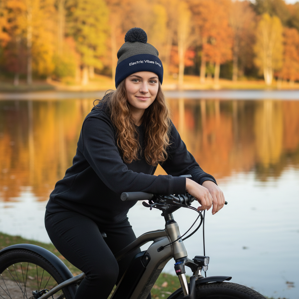 dark heather grey / navy pom pom beanie. - woman on her e-bike at lakefront.