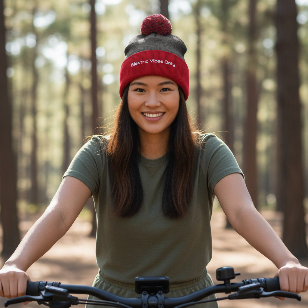 dark heather grey / red pom pom beanie - a woman sitting on her e-bike in the woods.