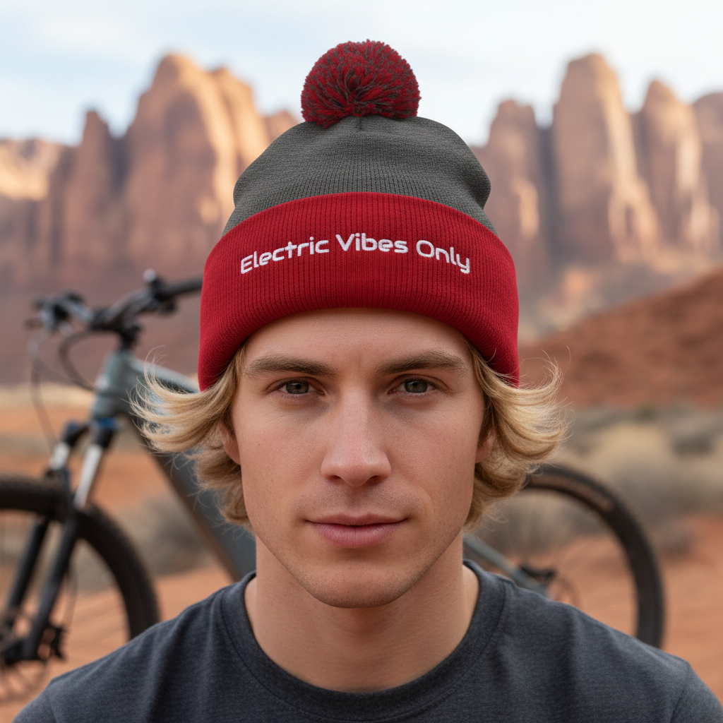 dark heather grey / red pom pom beanie - man with an e-bike in desert canyon. background