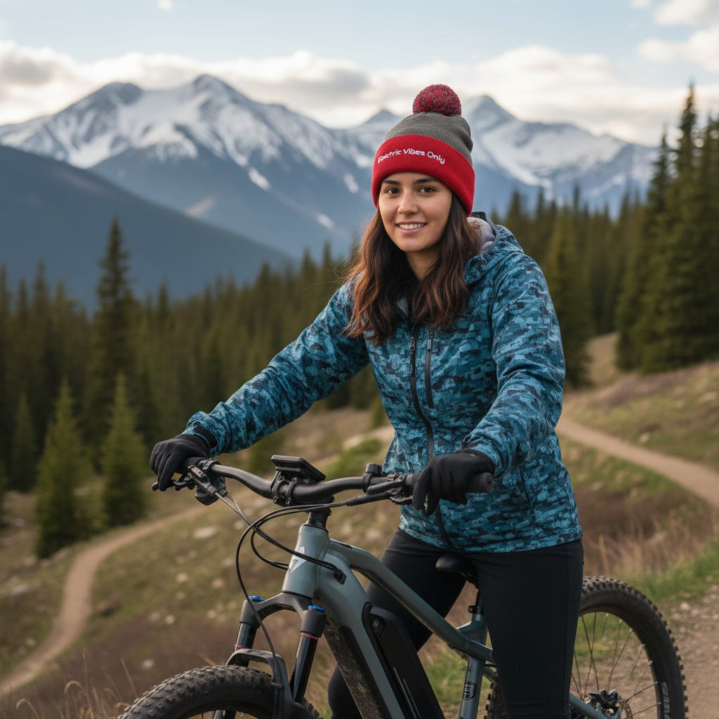 dark heather grey / red pom pom beanie -  woman on her e-bike on mountain trail.