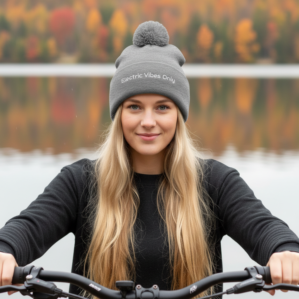 Heather grey pom pom - Blonde woman at lakeside