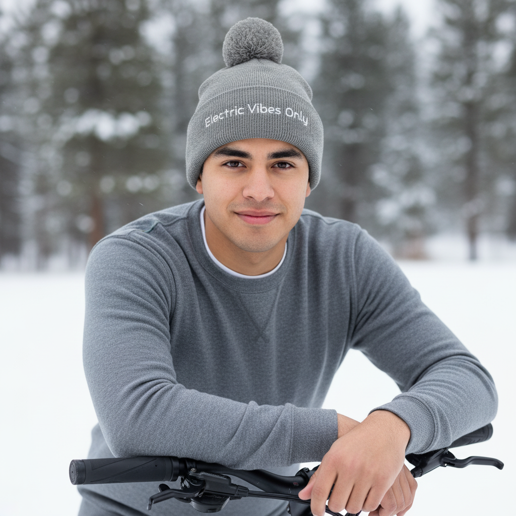 Heather grey pom pom - man in snowy winter